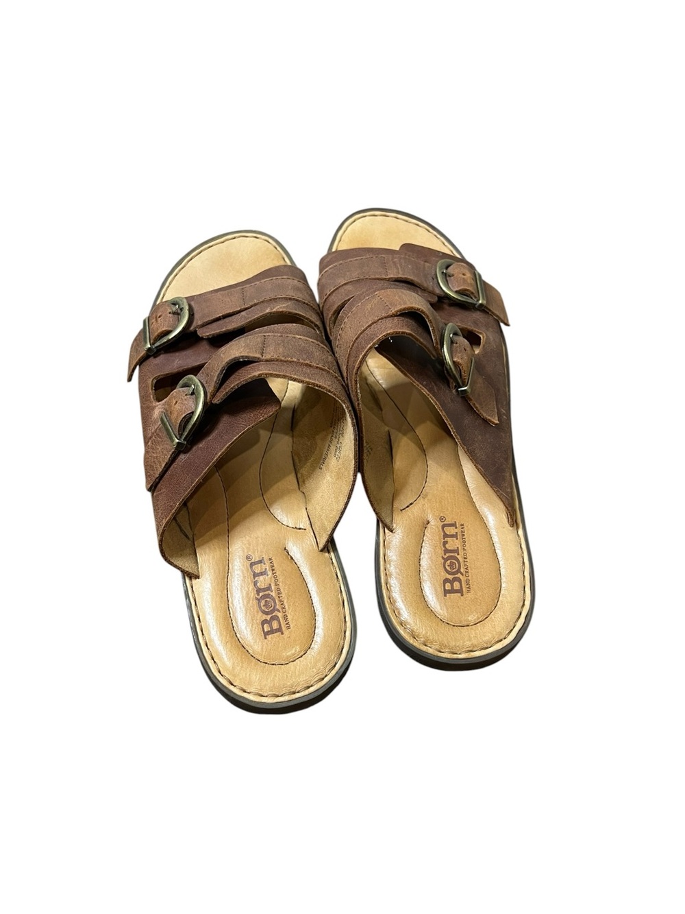 Born Brown Dual-Buckle Leather Slide Sandals